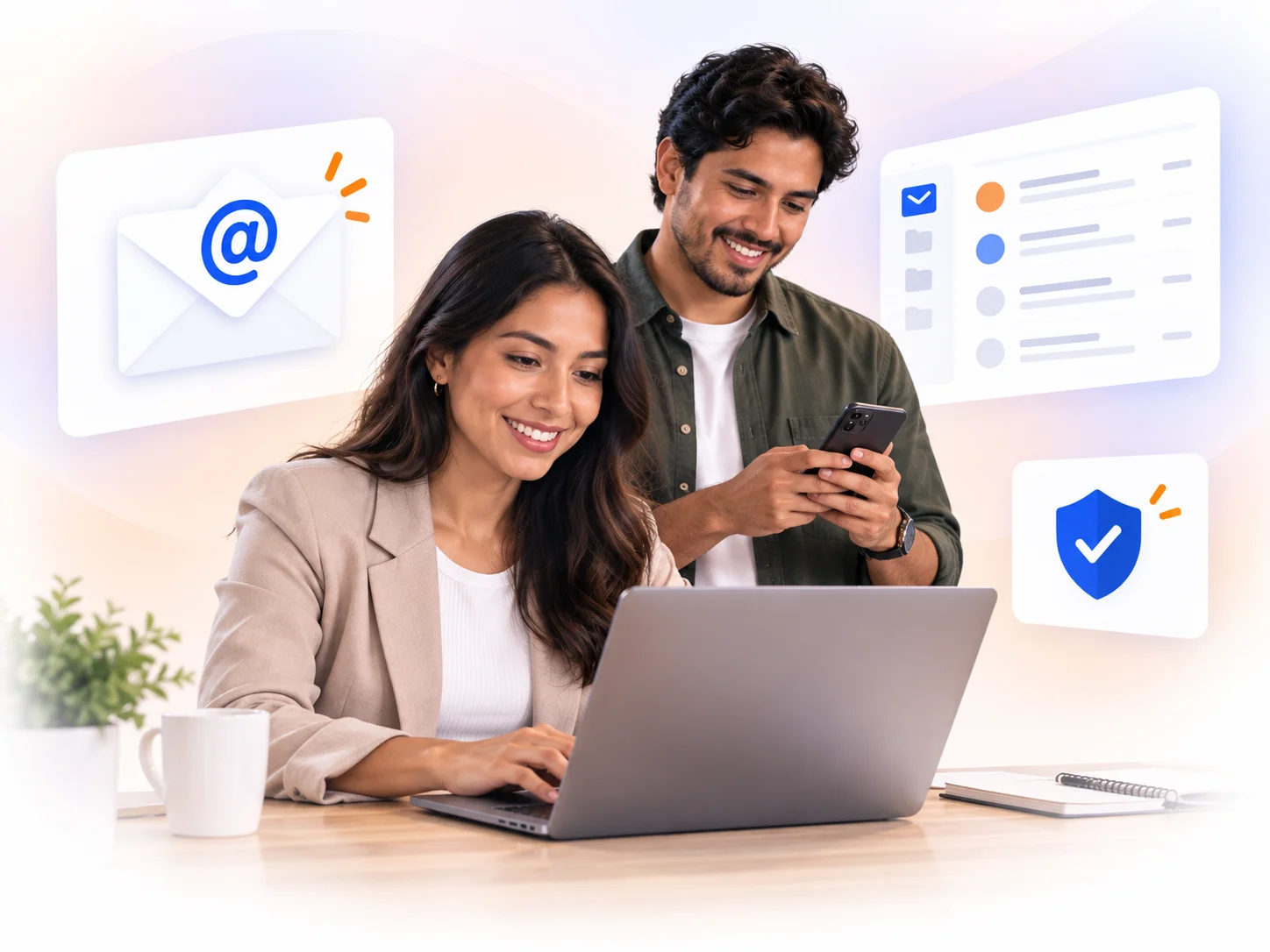 Profesionales usando correo corporativo con sobres, bandeja de entrada y seguridad