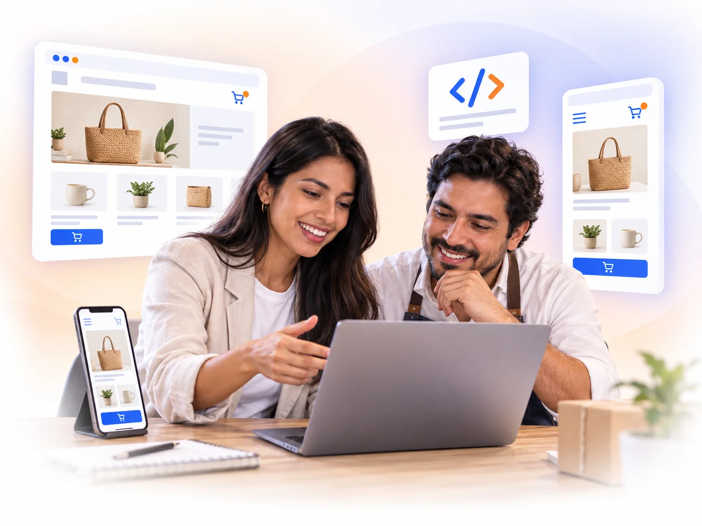 Desarrolladora y cliente revisando una tienda online con versiones para computadora y móvil