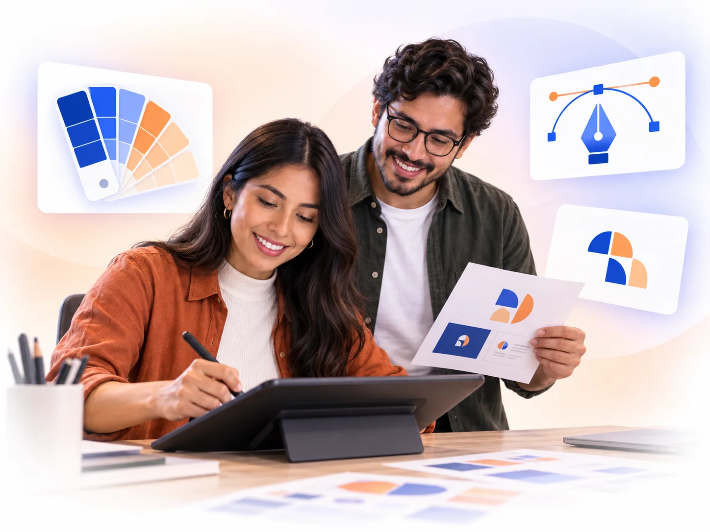 Diseñadores creando una identidad visual con tableta gráfica, colores y trazados vectoriales