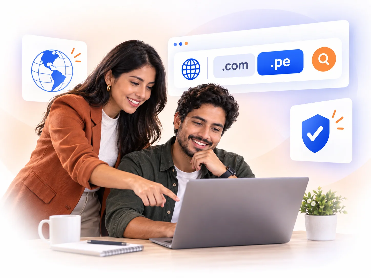 Emprendedor eligiendo un dominio con direcciones .com y .pe, un globo y protección