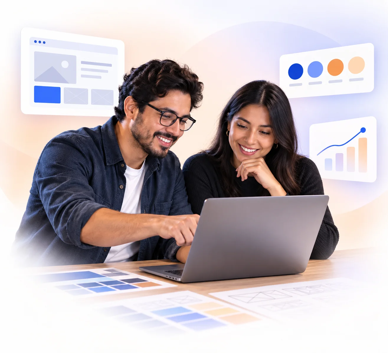Equipo creativo trabajando en una laptop, rodeado de elementos flotantes de diseño web, identidad de marca y crecimiento digital