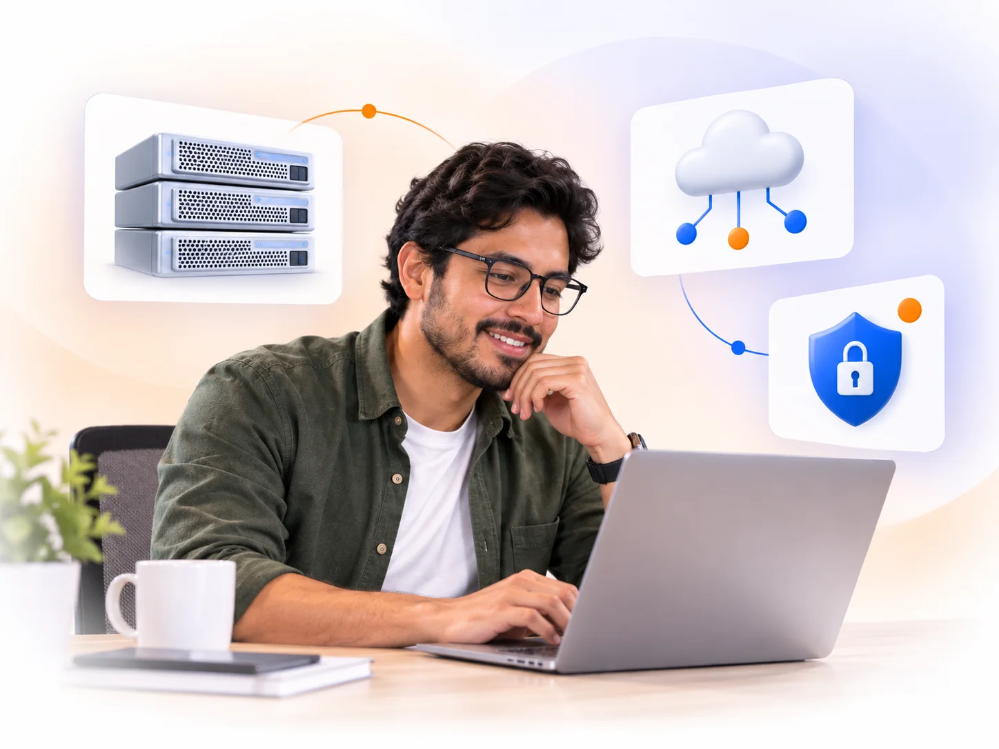 Especialista de hosting con servidores, nube y símbolos de seguridad