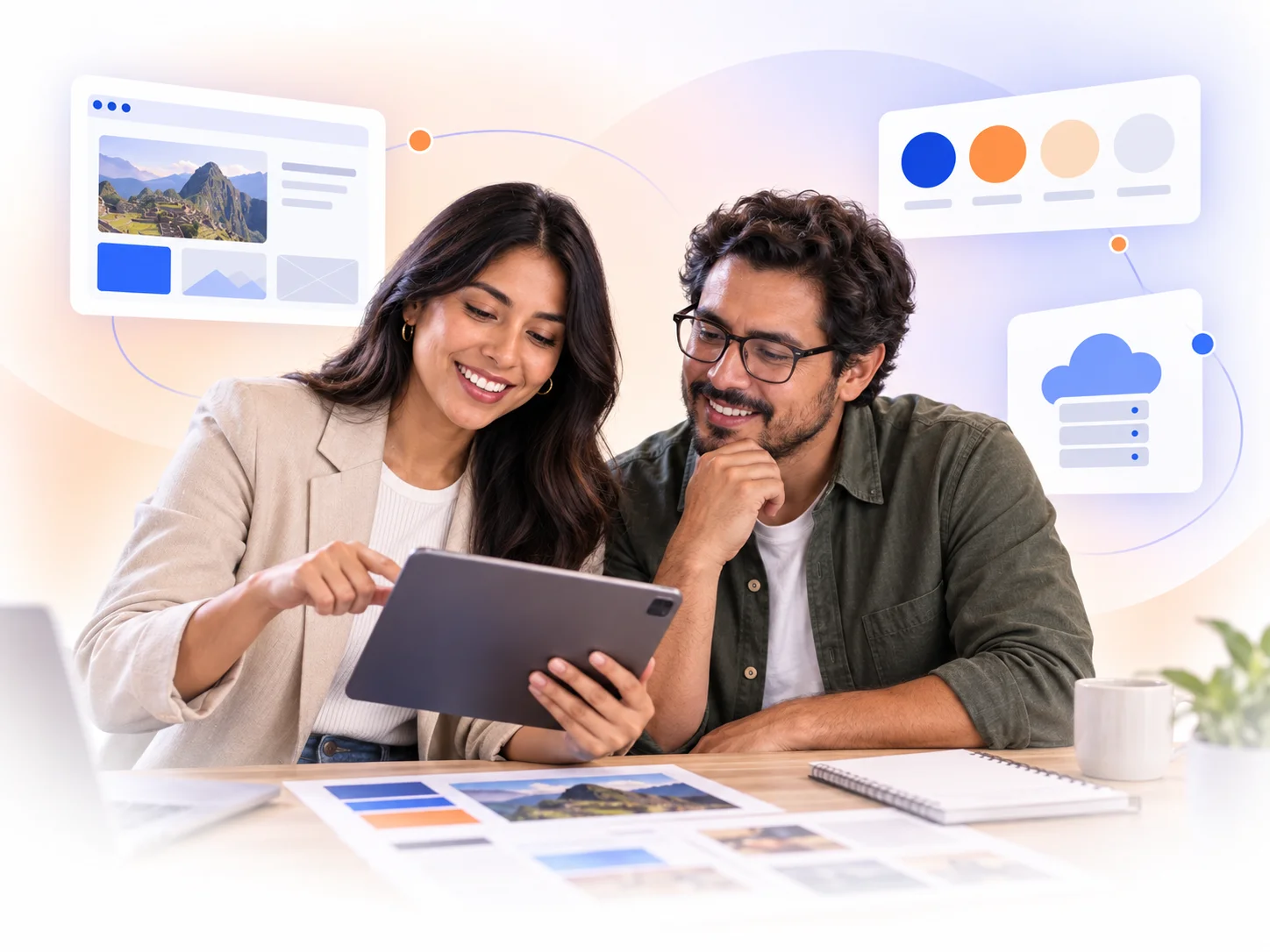 Asesoría digital con elementos de diseño web, identidad de marca y tecnología